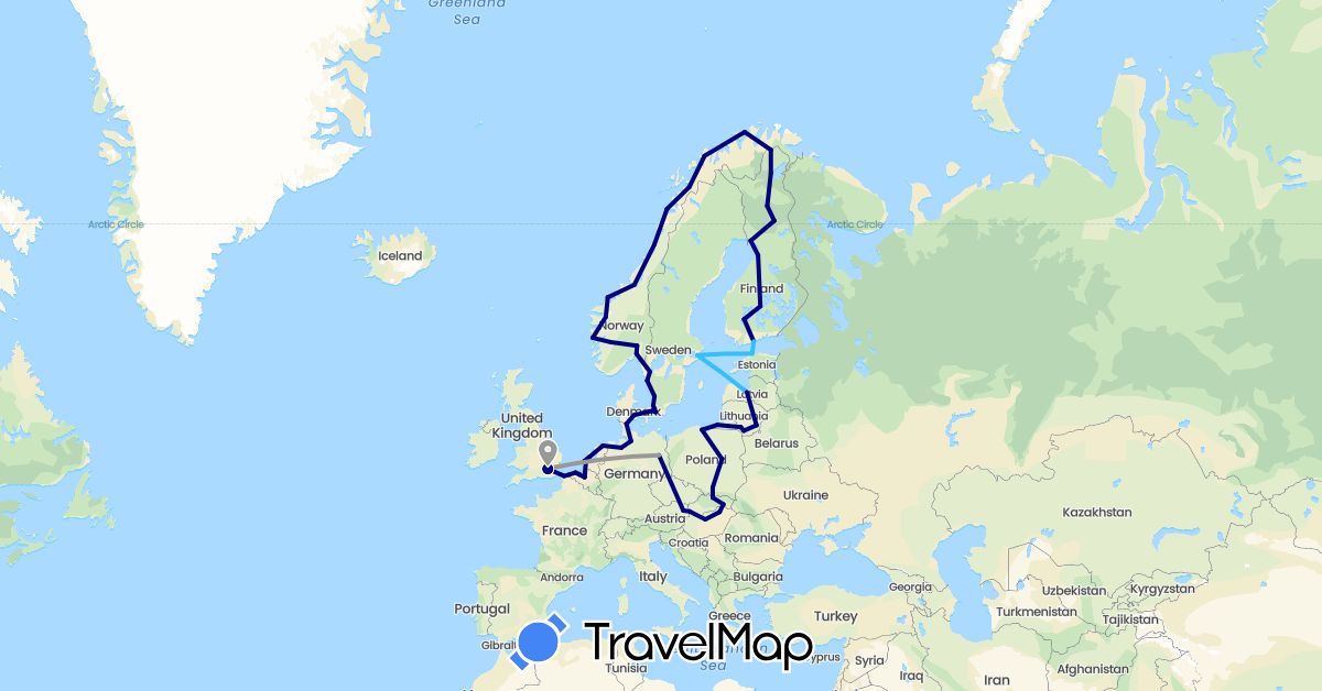 TravelMap itinerary: driving, plane, boat in Austria, Belgium, Germany, Denmark, Estonia, Finland, France, United Kingdom, Hungary, Lithuania, Latvia, Netherlands, Norway, Poland, Russia, Sweden, Slovakia (Europe)